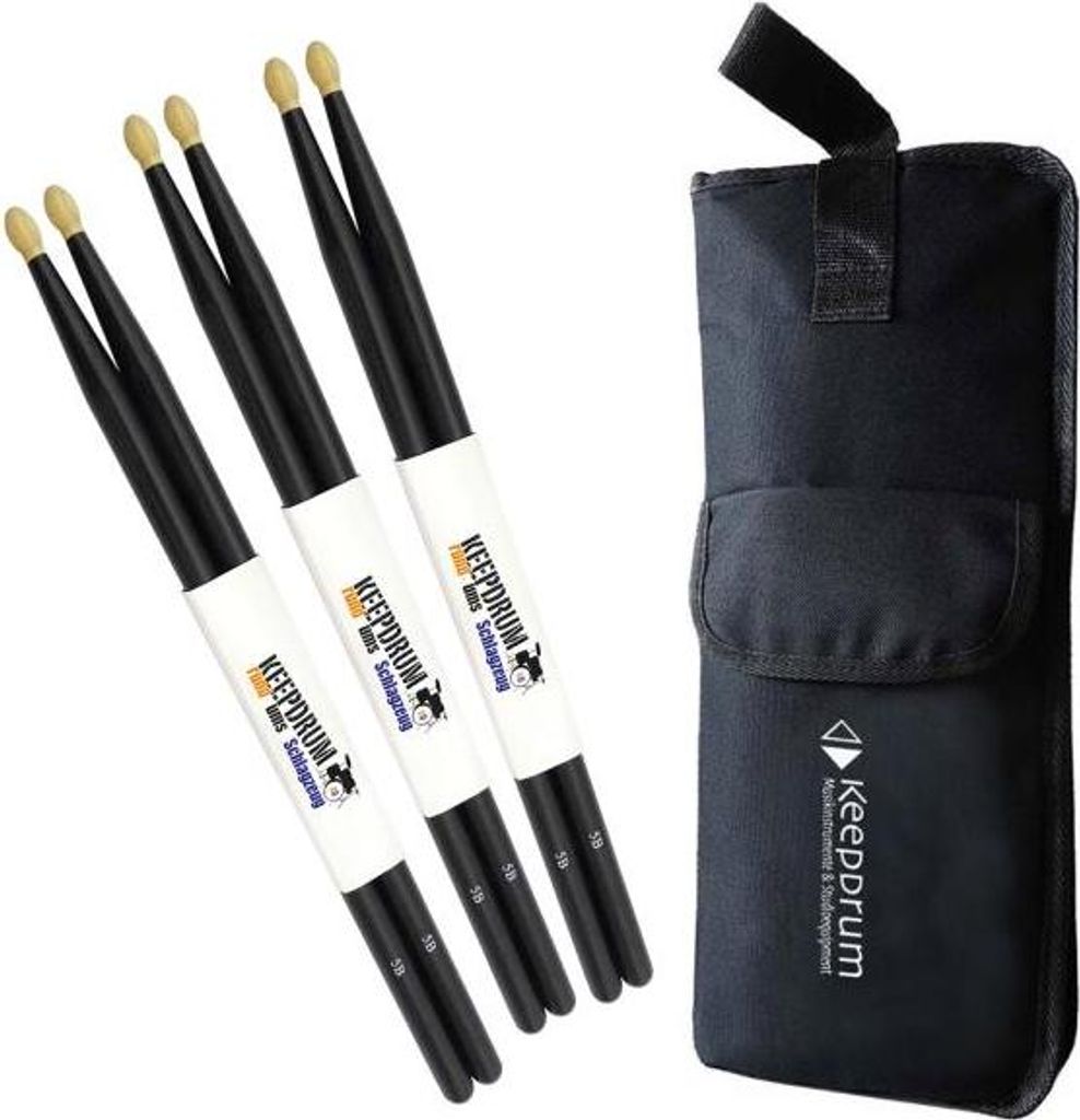 keepdrum 5BB Black Schlagzeugstöcke 3 Paar mit Stickbag