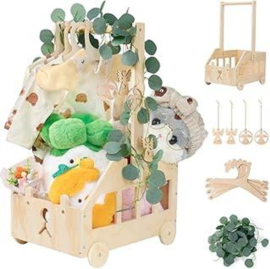 Babyparty Geschenk mit Griff Wickelkorb mit Holzrädern Kinder Holz Holzkiste Babygeschenk Geschenkkorb Baby Korb Geschenk mit Dekorblättern Holzk...