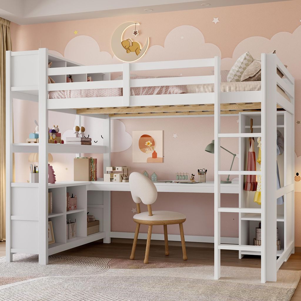A white loft bed with a desk and shelves underneath, set against a pink wall with cloud and moon decorations.