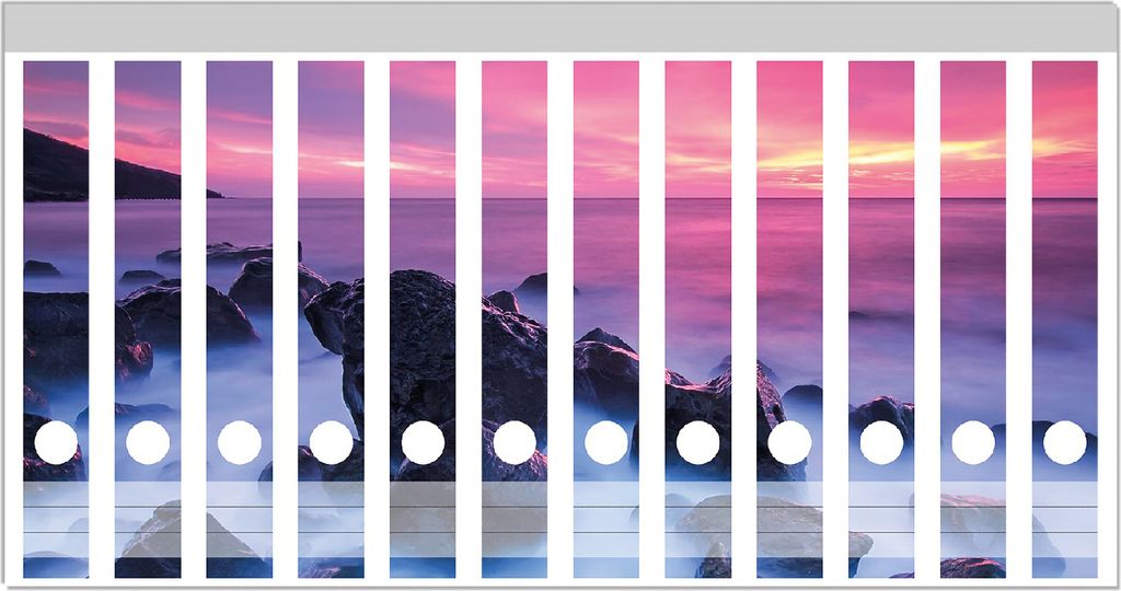 Wallario Ordnerrücken Sticker, selbstklebend für schmale Ordner, 12 Stück, Motiv Felsen im Meer bei Sonnenuntergang