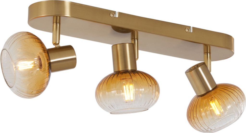 QAZQA - Modern Runde Deckenleuchte I Deckenlampe I Lampe I Leuchte Gold I Messing mit Bernsteinglas 3-flammig Spotbalken-flammig - Teddy I Wohnzimm...