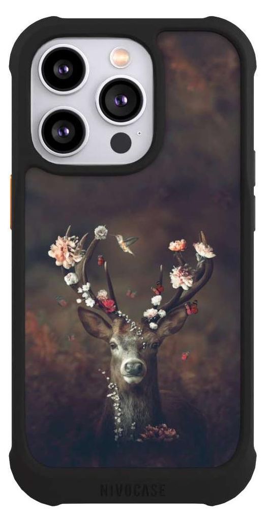 NIVOCASE Hülle für Apple iPhone 14 Pro Stoßfeste Handyhülle NIVOmax Case Schwarz Blumen Rehe Rentier