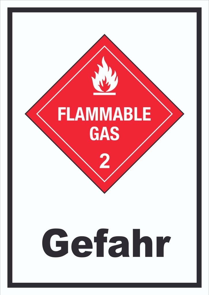 Schild Entzündliche Gase Gefahr Flammable Gas Flamme hochkant A6 Rückseite selbstklebend