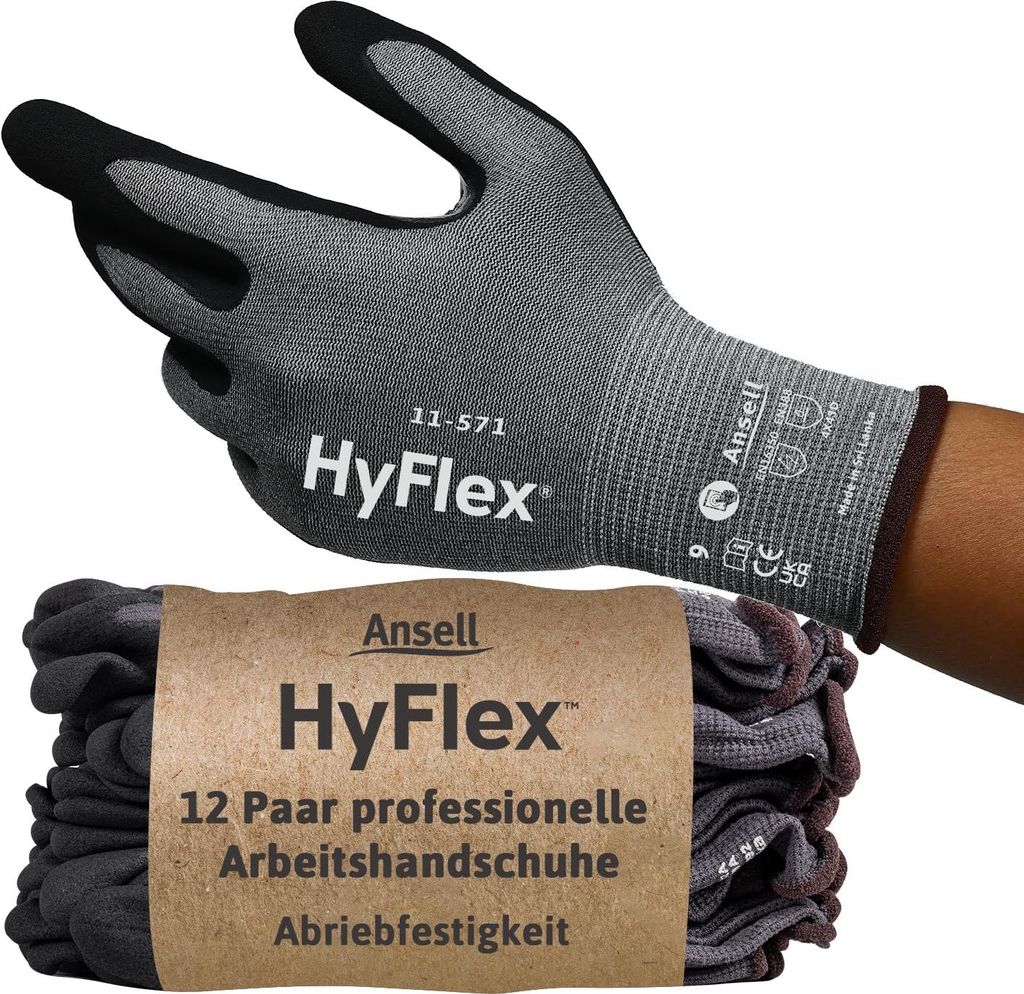 Ansell HyFlex 11-571 Schnittschutz-Handschuhe, Atmungsaktive Nitril-beschichtung, Höchste Weiterreißfestigkeit, Arbeitshandschuhe Herren Damen, W...