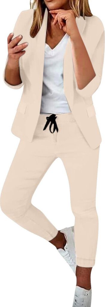 ASKSA Damen Mittellangen aermel Hosenanzug Elegant Business Anzug Set Freizeitanzug, Aprikose, Groesse: XL