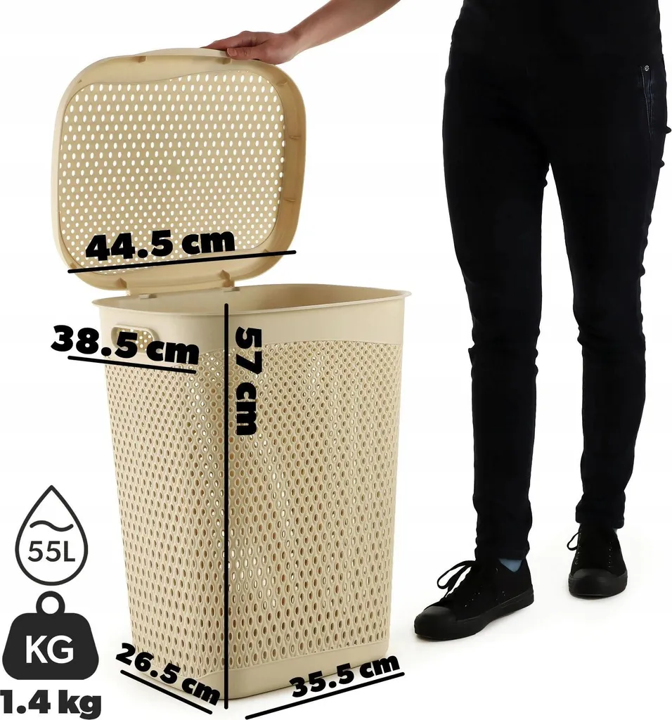 Corbeille à linge 55L beige avec couvercle rabattable bac à linge design - 4