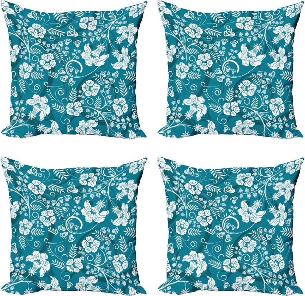ABAKUHAUS Blumen Kissenbezug Set (4 Stück), Floral Romantisches Beams, Moderner Doppelseitiger Digitaldruck, 60 cm x 60 cm, Petrol Blau Teal weiß