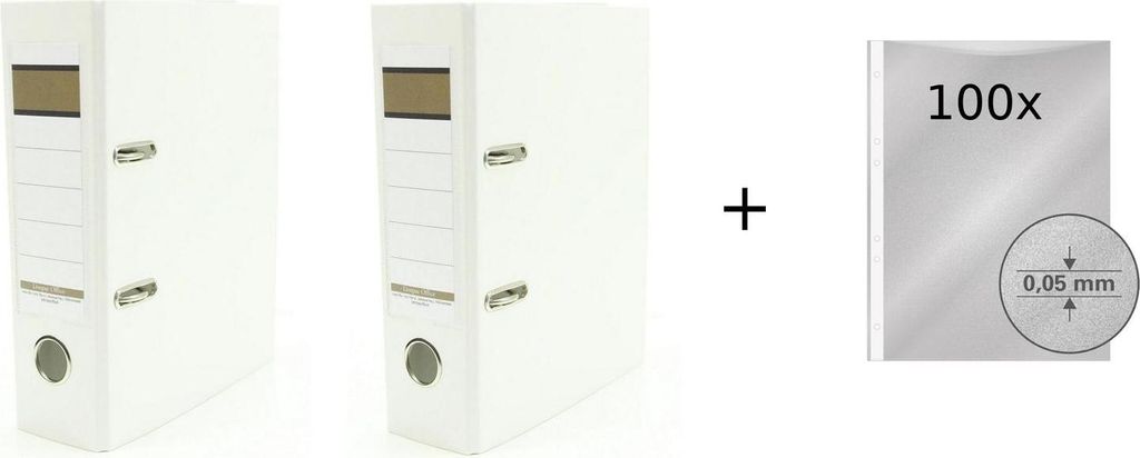 2x Ordner / DIN A5 / 75mm / Farbe: weiß + 100 Prospekthüllen