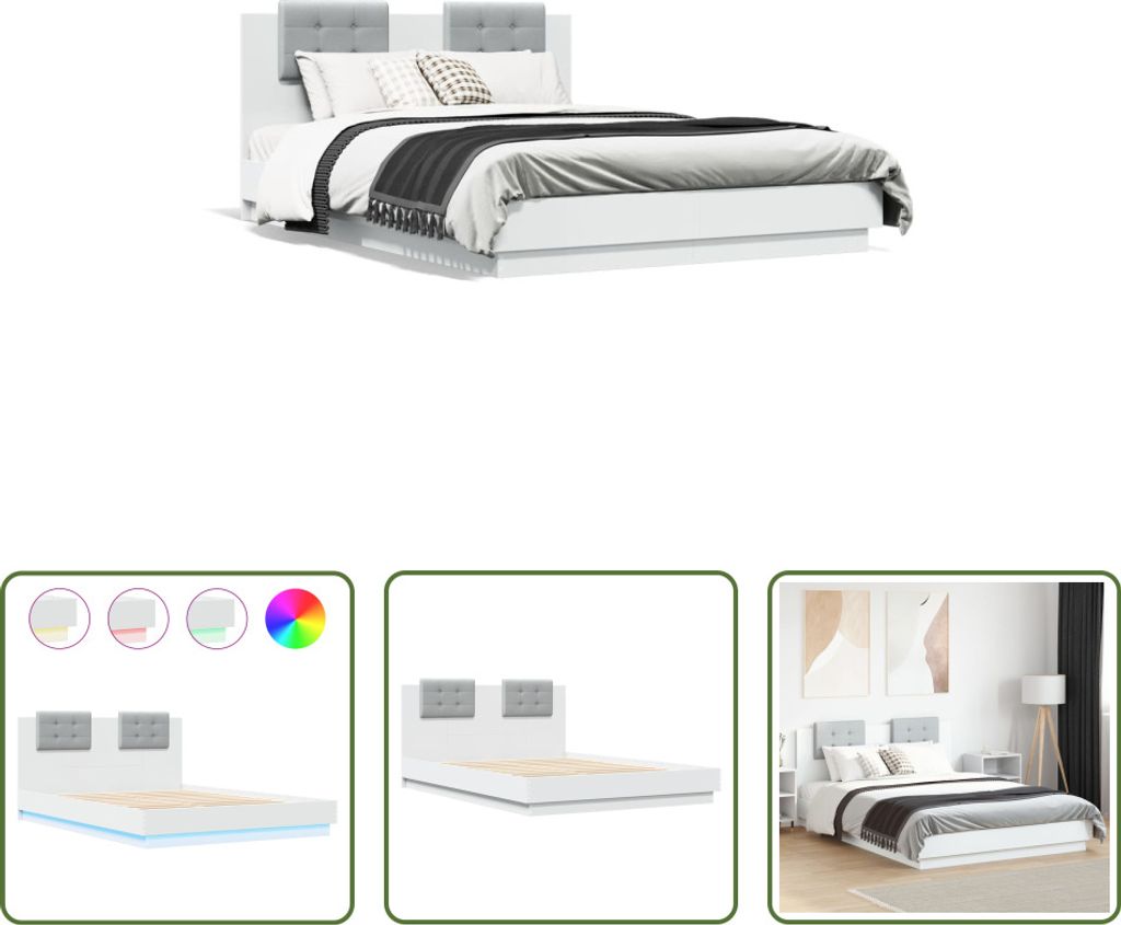 The Living Store Bettgestell mit Kopfteil und LED-Leuchten Weiß 140x200 cm