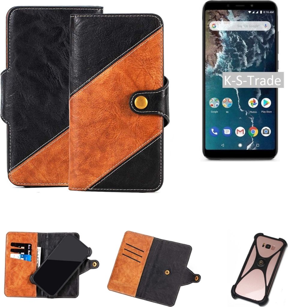 K-S-Trade Handyhülle Schutzhülle Bookstyle Case Wallet-Case kompatibel mit Xiaomi Mi A2 Handy Cover Bumper Klapphülle schwarz hellbraun 1x