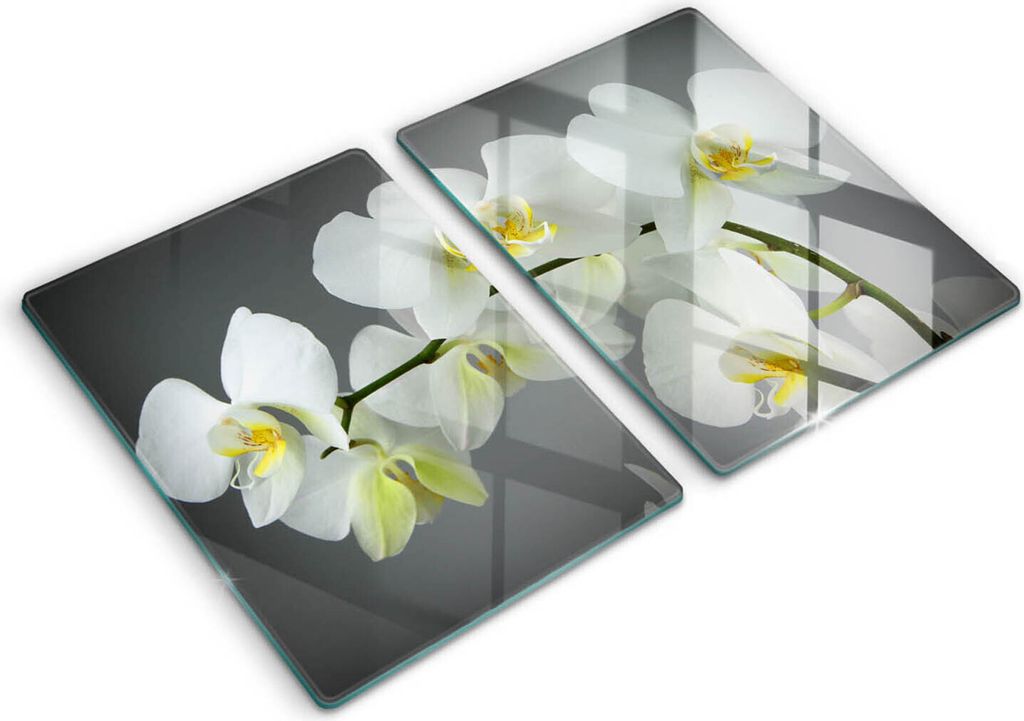 Glasschneideplatte - Herdabdeckplatte - 2x40x52 cm -Schneidebrett - Spritzschutz - Weiße Orchideenblumen