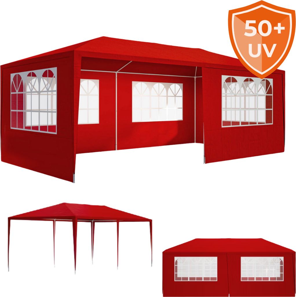 A red party tent is shown from multiple angles, with a smaller tent and a side view of a tent in the lower part of the image. A shield icon with '50+ UV' is visible in the top right corner.