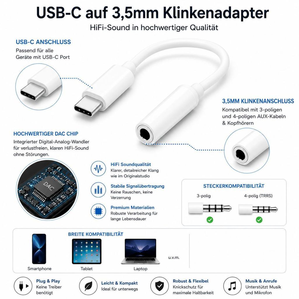Audio-adapter 8-pins Naar USB-C – Met DAC-chip, Compatibel Met IPhone 15/16/17, Alleen Audio