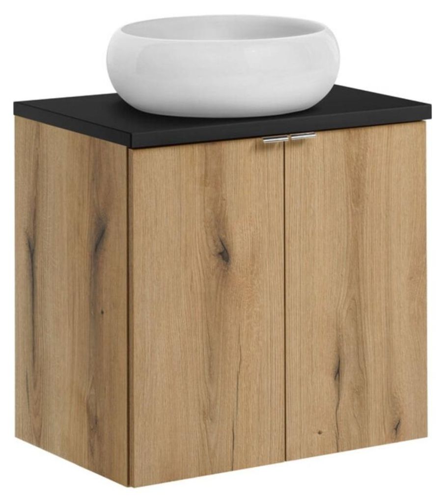 Set VANO in Eichen- und Schwarzoptik 60cm: Unterschrank mit Schranktüren + Platte für Waschbecken + rundes weißes Aufsatzwaschbecken