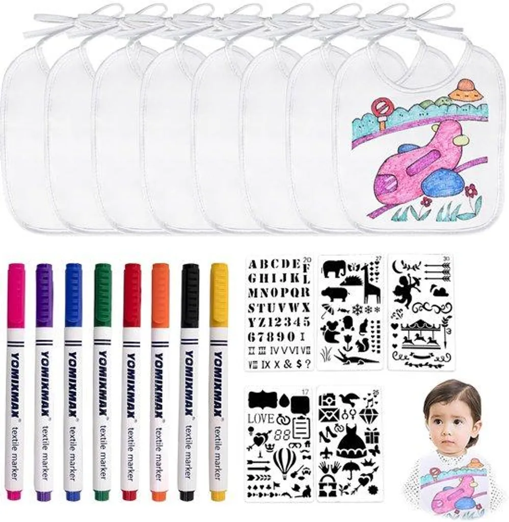 Réussir son animation baby shower : kit peinture tissu avec 8 crayons et pochoirs