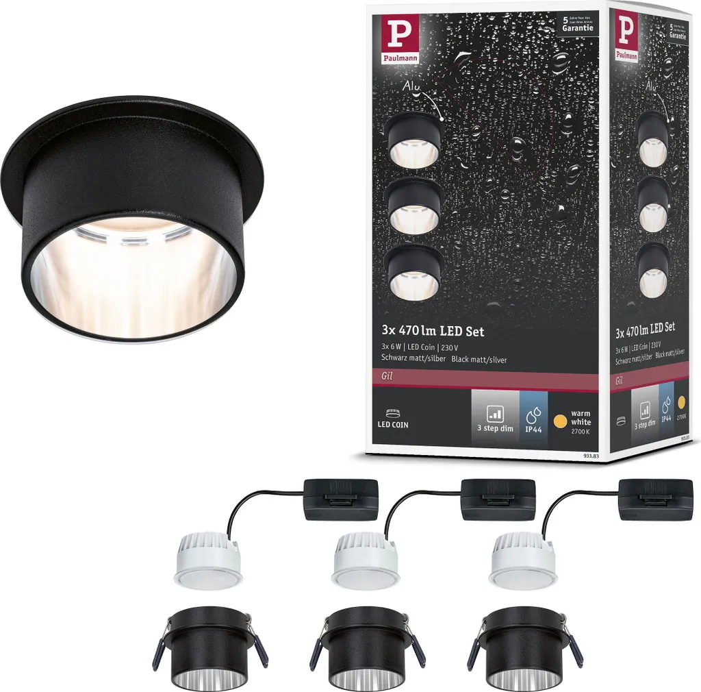 Faretti LED Paulmann Gil 3er Set | Incasso Facile 230V | Luce Calda IP44