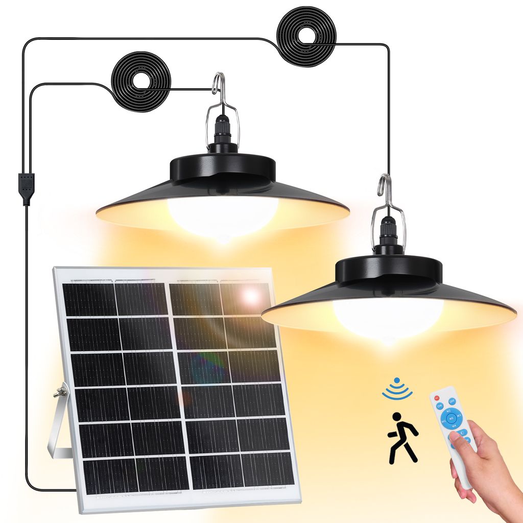 A solar panel and two hanging LED lights with a remote control.