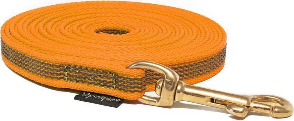 Mystique Gummierte Schleppleine 15mm mit Handschlaufe Messing Karabiner neon orange 5m