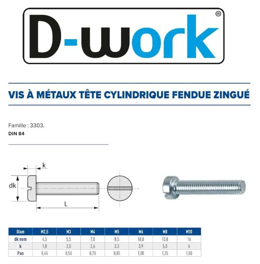 Lot de 500 vis à métaux DIN 84 tête cylindrique fendue 3x30 mm D-Work
