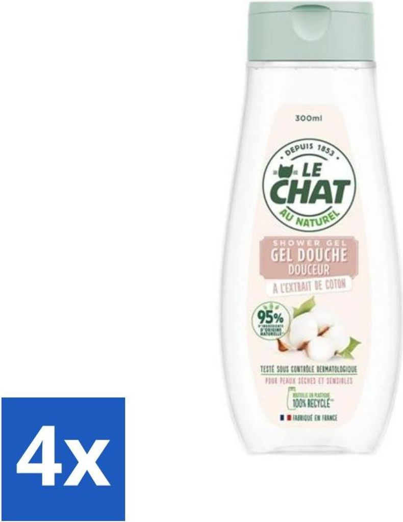 Le Chat – Sanftes Duschgel – Für trockene und empfindliche Haut – Mit Baumwollextrakt – 300 ml - Vorteilspack - 4 Stücke