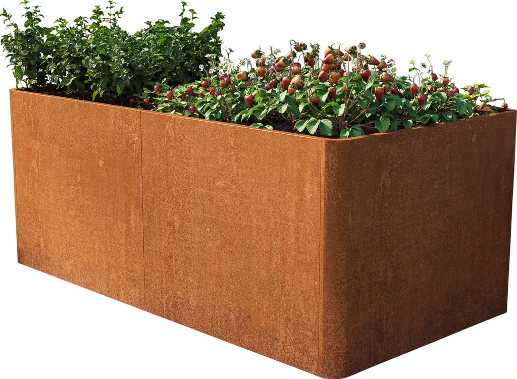 A rectangular Corten steel planter filled with plants, set against a white background.