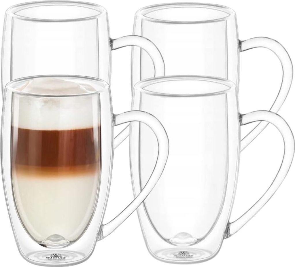 Wilmax doppelwandige Thermogläser mit Henkel | 4er Set | 400 ml | Thermobecher | Latte Macchiato Gläser Set | Cappuccinogläser mit Henkel | Kaff...