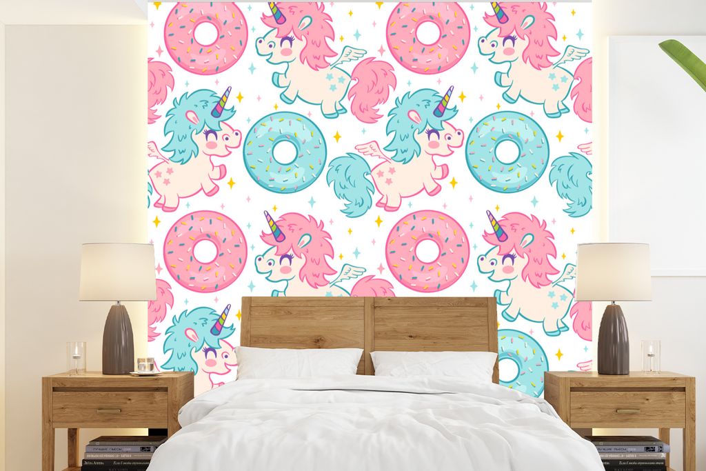 MuchoWow Fototapete für Wohnzimmer oder Schlafzimmer Wandtapete Vinyl Motivtapete Einhorn - Donut - Baby - 200x220 cm - Vinyltapeten