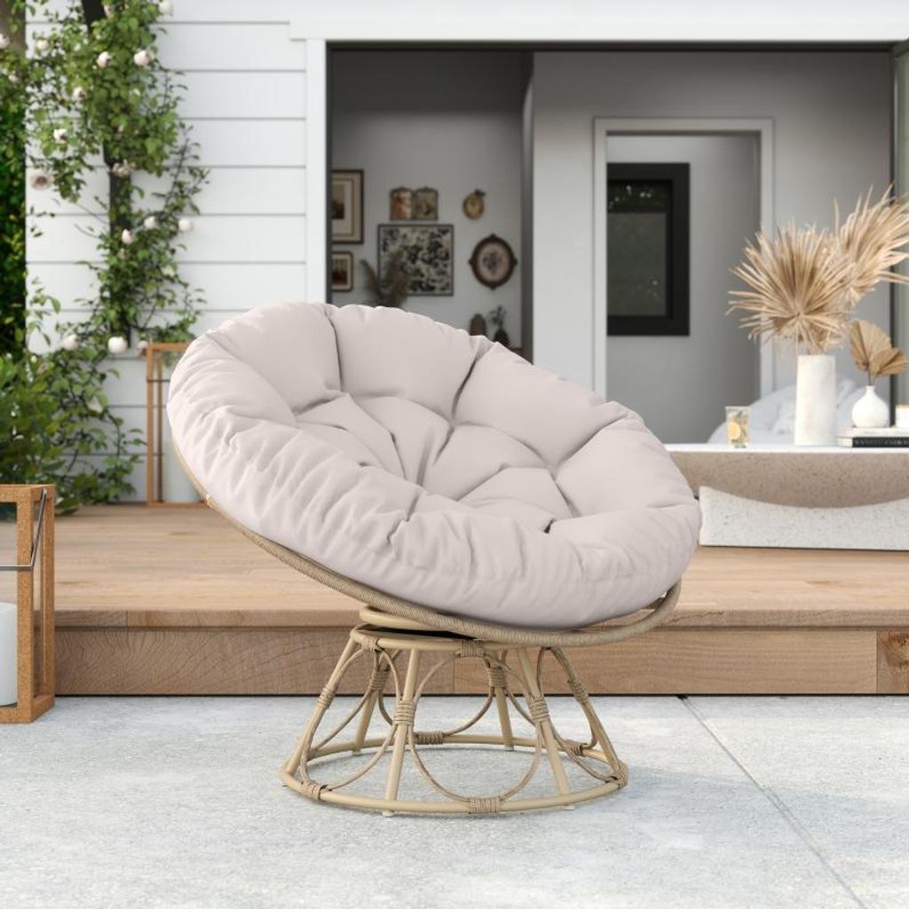 okwish Rattan - Papasansessel mit 360° drehbar,Loungesessel Drehsessel mit Sitzkissen und Stahlgestell,Outdoor Rattansessel aus PE-Rattan,Hellgrau