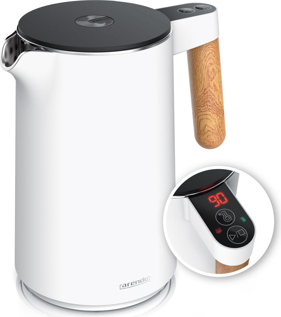 Arendo Wasserkocher mit Temperatureinstellung 40°C - 100°C, Temperaturanzeige, Temperaturwahl, Edelstahl, 1,5 L, 2200W, Doppelwand, Warmhaltefunk...