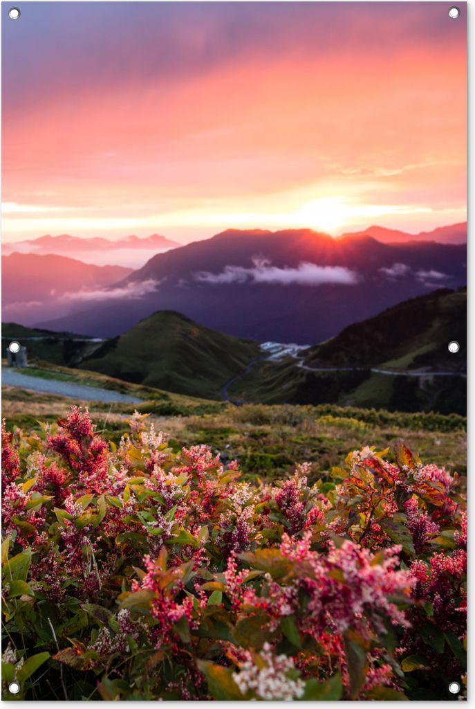 MuchoWow 80x120 cm Outdoor-Poster Gartendeko Sichtschutz Garten Poster für den Garten Blumen - Berge - Landschaft - Nacht - Himmel - Rosa