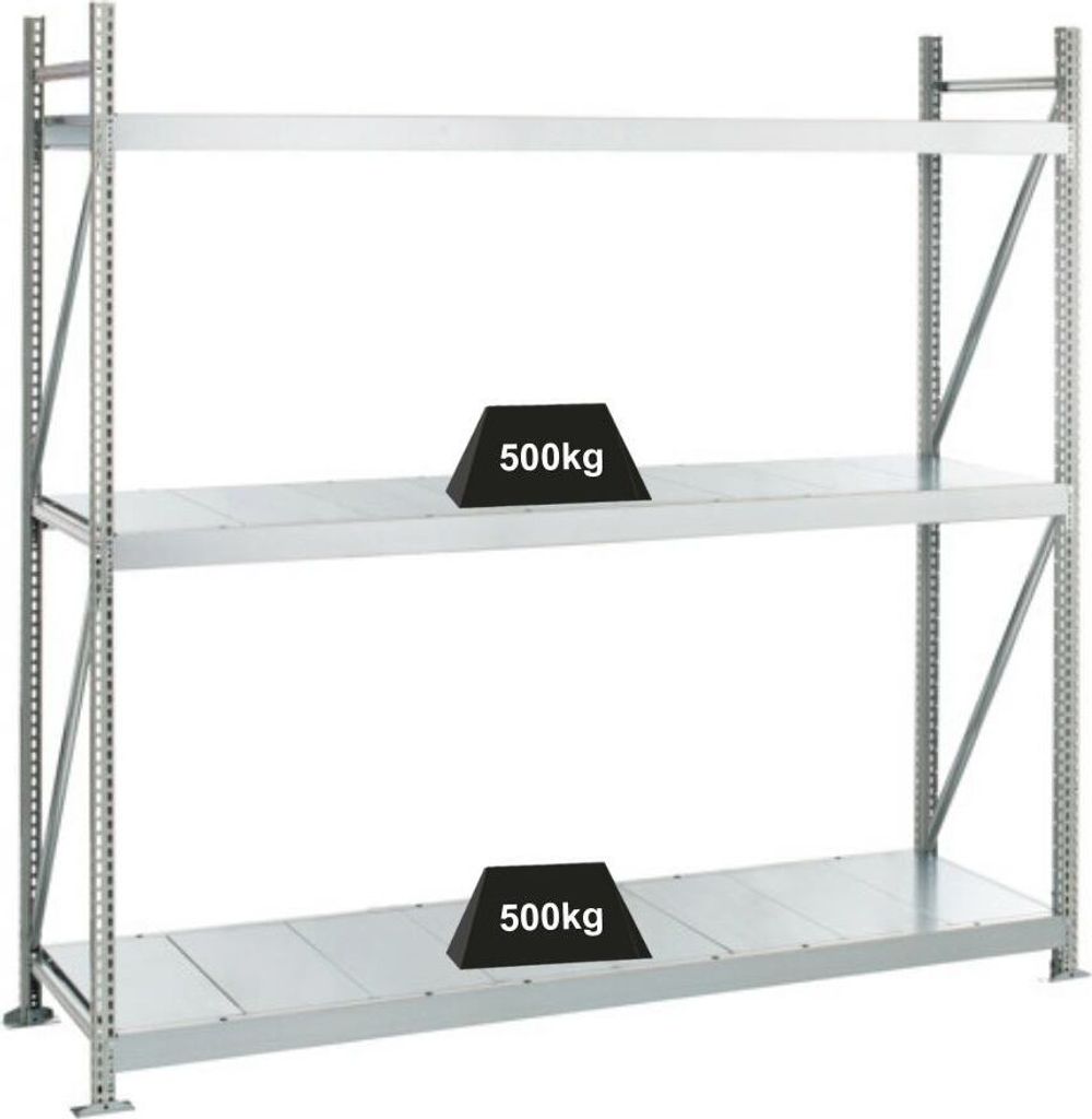 Schulte Weitspannregal mit Stahlpaneelen WS 3000 | Grundregal | HxBxT 200x225x100cm | 3 Ebenen | Fachlast 500kg | Verzinkt