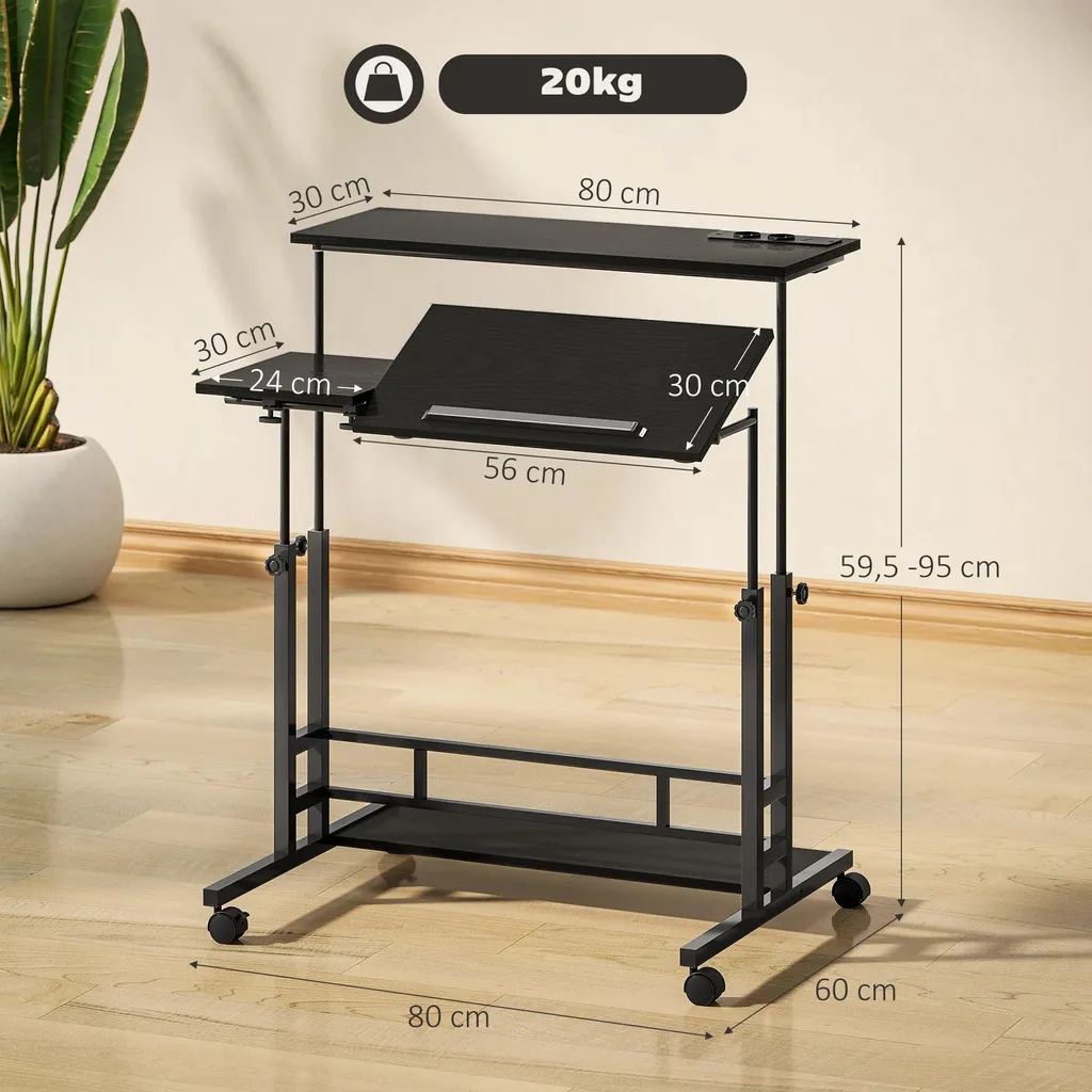 Table d'ordinateur mobile ajustable 80 cm avec plateau inclinable noir - 2