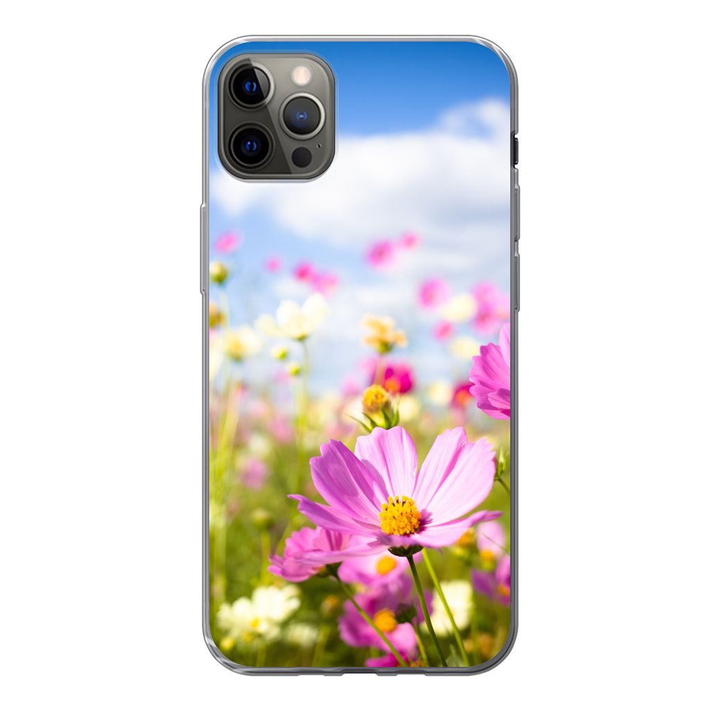 MuchoWow Handyhülle Schutzhülle Hülle für iPhone 13 Pro Max Blumen - Wiese - Lila - Gras - Weiß - Wolken - Blau Silikon Softcase Handy Hüll...