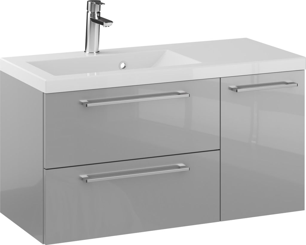 Rosen 90.2 cm Badezimmerschrank in Grau Hochglanz mit Waschbecken und verchromten Griffen - Zeitloses Design