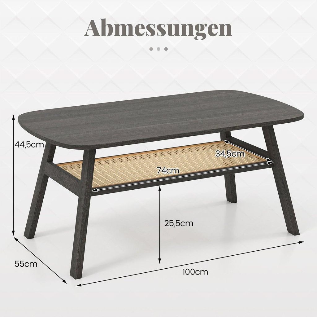 Table basse en bois avec étagère en rotin, 2 niveaux, 100 x Image du produit 