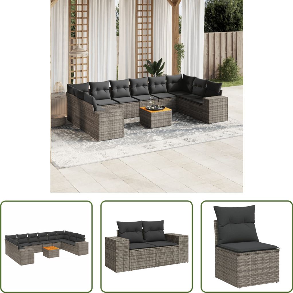 The Living Store 11-tlg. Garten-Sofagarnitur mit Kissen Grau Poly Rattan