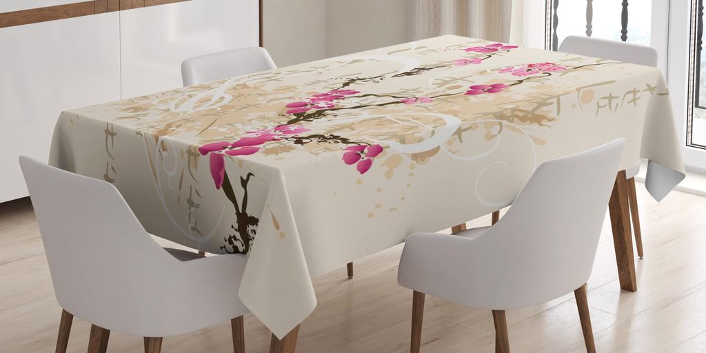 ABAKUHAUS Kirschblüte Tischdecke, Malerei-Art-Japaner-Kirschblüte-Baum auf Grungy Hintergrund mit Aufschrift, 140 x 240 cm, Mehrfarbig