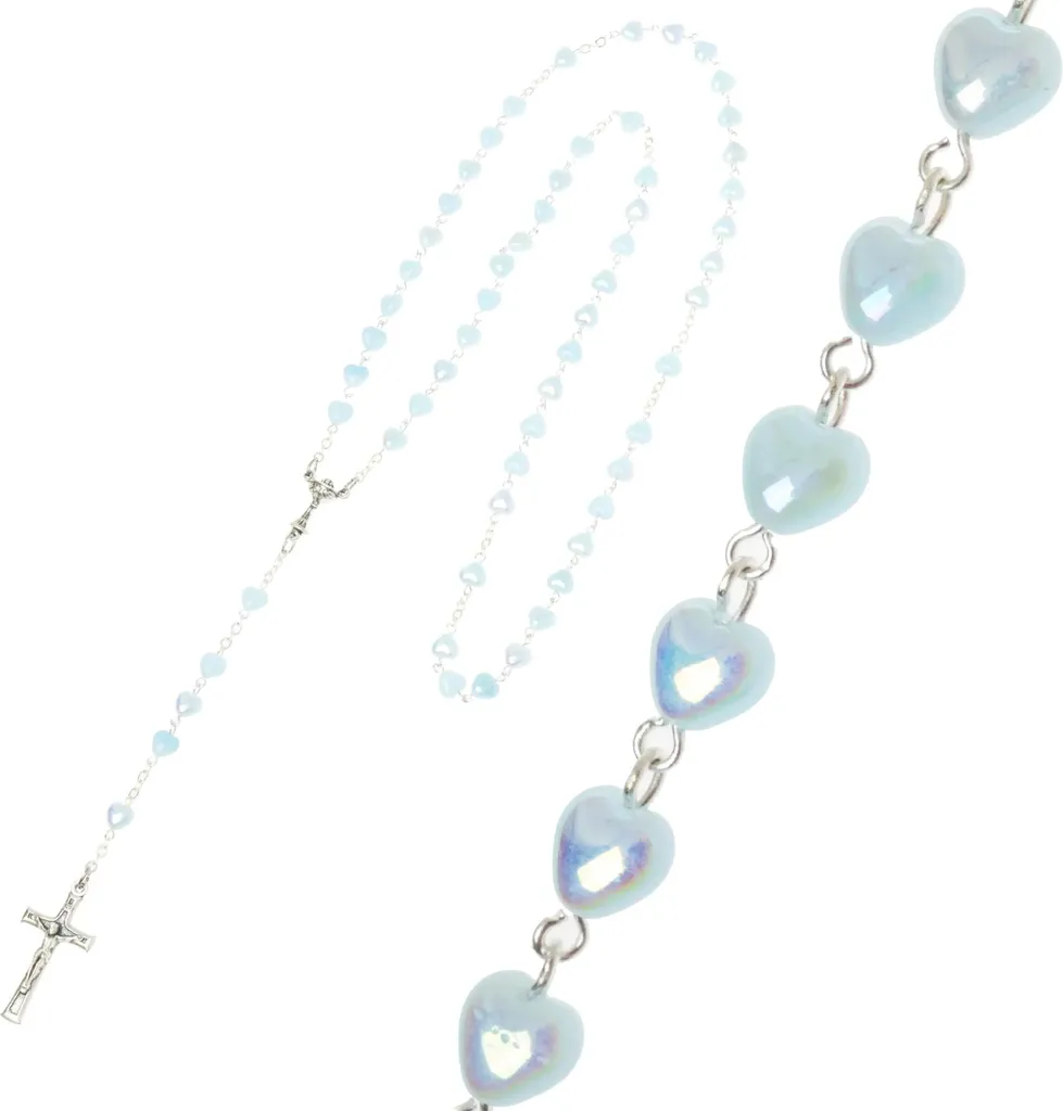 Chapelet garçon pour première communion - Perles cœurs bleu opale 45cm