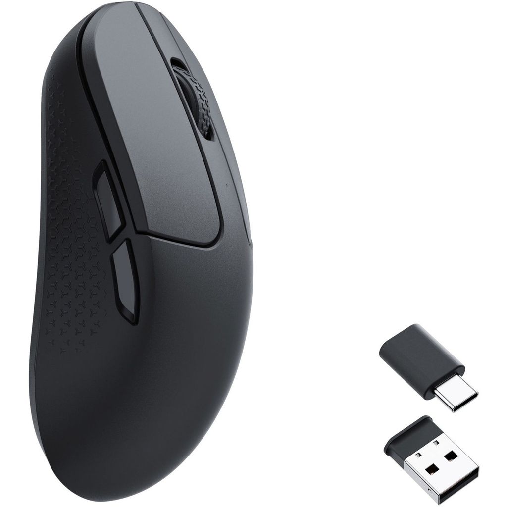 A black wireless mouse and its USB receiver are shown against a white background.