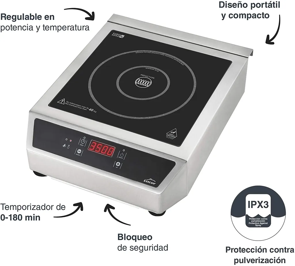 Plaque induction 3500W double zone Lacor 69132 avec surface en verre - 3