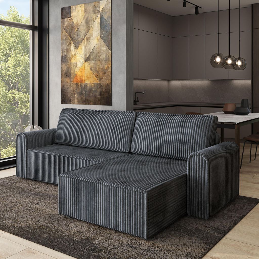Masseno Ecksofa VALTINO mit Schlaffunktion L-Form, Sofa mit Bettkasten, Wohnzimmersofa, Couch, Soffa, Bettsofa, Couchgarnitur- Grau, TILIA 90