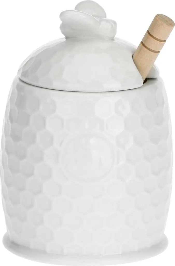 Pot à Miel en Porcelaine Blanche avec Sa Cuillère de Service de 8 cm