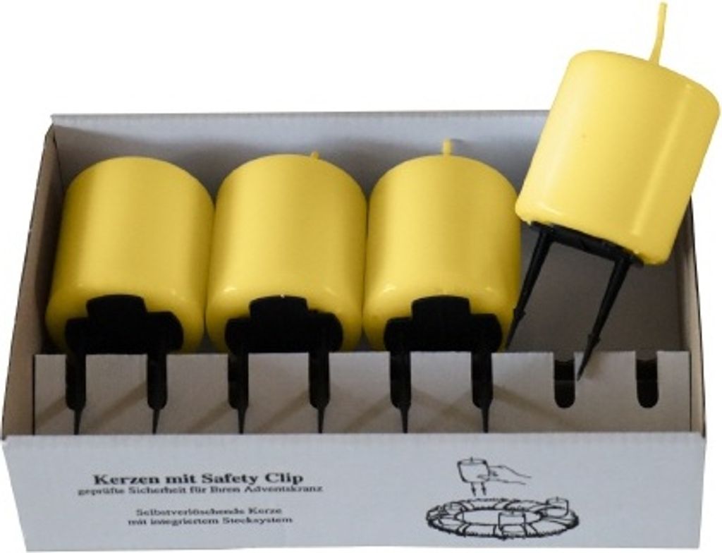 4er Set Adventskerzen, Stumpenkerzen mit Safety Clip und Kerzenstecker (Haltekrallen) Grapefruit Hellgelb 8 x ? 5 cm