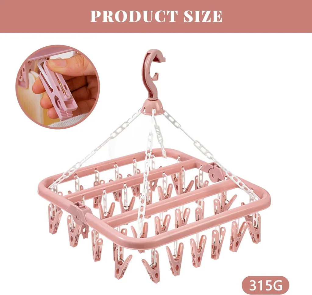 Support chaussettes avec 32 clips rose pour séchage intérieur extérieur - 2
