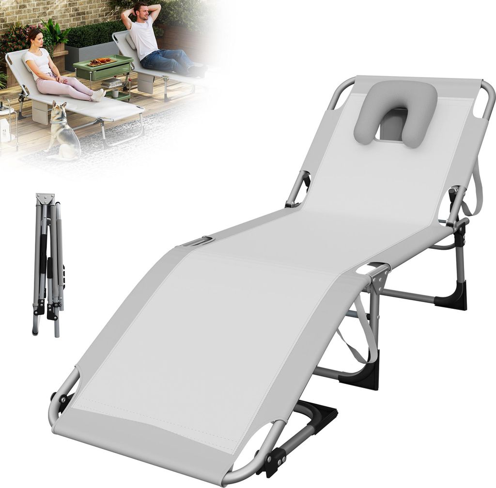 XMTECH Sonnenliege Klappbare – Gartenliege Campingliege mit 5-Stufig Verstellbarer Rückenlehne & Fußteil, Kopfkissen, Gartenstuhl Strandliege f...
