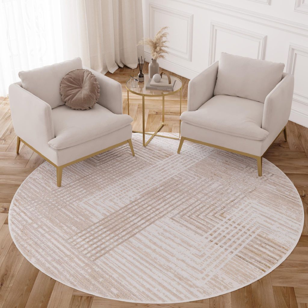 Tapiso Teppich CRYSTAL Rund Beige Braun Creme Wohnzimmer 200 x 200 cm