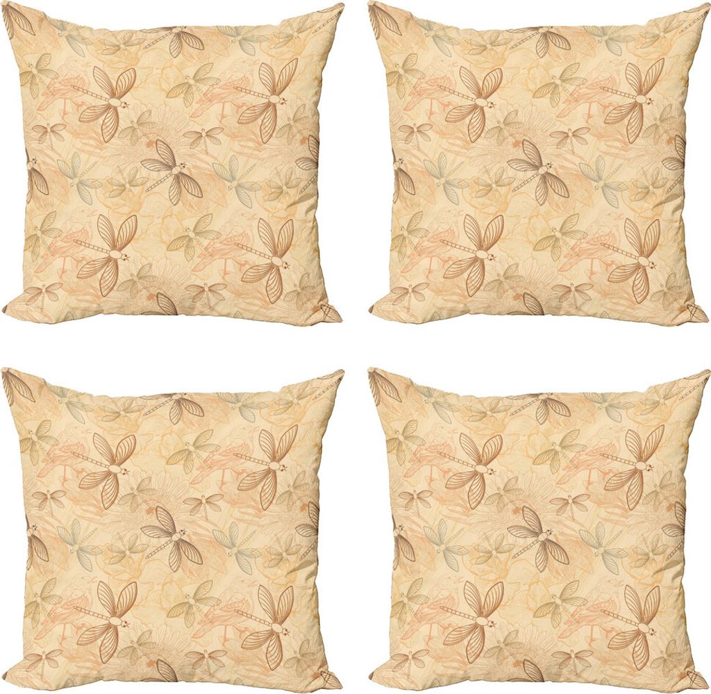 ABAKUHAUS Beige Kissenbezug Set (4 Stück), Vintage Vögel Libellen, Moderner Doppelseitiger Digitaldruck, 60 cm x 60 cm, Sahne