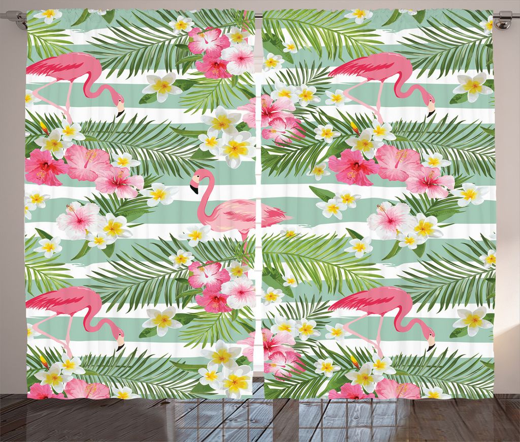 ABAKUHAUS Flamingo Rustikaler Vorhang, Exotische Hawaii-Blatt, Wohnzimmer Universalband Gardinen mit Schlaufen und Haken, 280 x 245 cm, Grün Weiß...