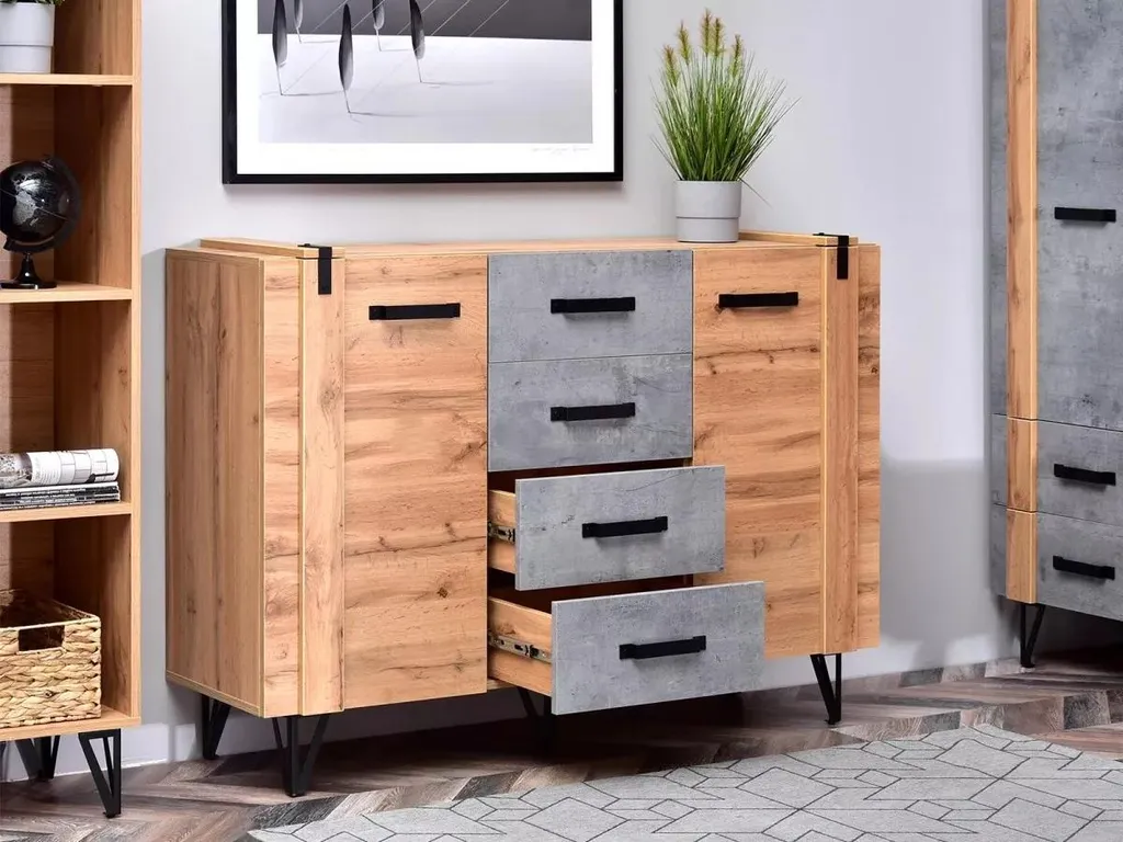 Buffet bas et commode de rangement CONOVER chêne et gris béton loft