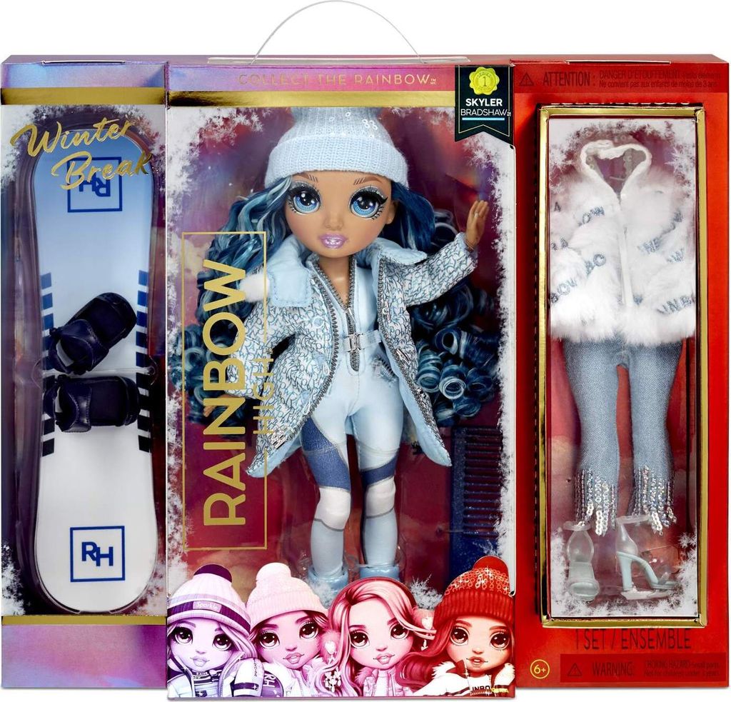 A Rainbow High Winter Break Skyler Bradshaw doll in its retail packaging, which includes a snowboard and extra outfits.